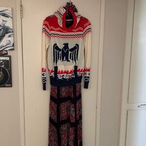 Red & Blue Hooded Maxi Dress with Eagle Design! Knit & pleated woven combo! M/L